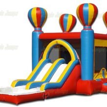 hot air balloon bounce house with two small slides leading to separate pools