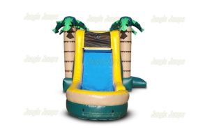 palm tree bounce house with short slide into a pool