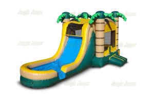 palm tree bounce house with short slide into a pool