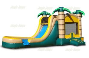 palm tree bounce house with short slide into a pool