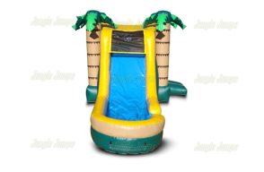 palm tree bounce house with short slide into a pool