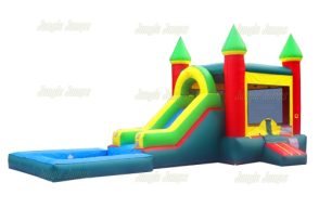 red and green bounce house with a slide into a pool