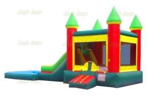 red and green bounce house with a slide into a pool