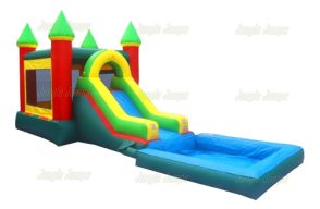 red and green bounce house with a slide into a pool