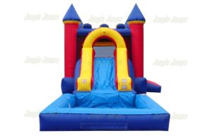 castle bounce house with a medium slide leading into a large pool