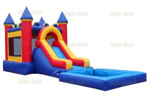 castle bounce house with a medium slide leading into a large pool