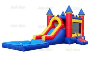 castle bounce house with a medium slide leading into a large pool