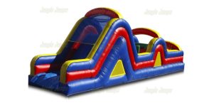 inflatable obstacle course with inflated tubes making you push thorugh or crawl over with a slide at the end