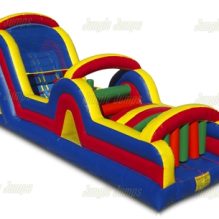 inflatable obstacle course with inflated tubes making you push thorugh or crawl over with a slide at the end