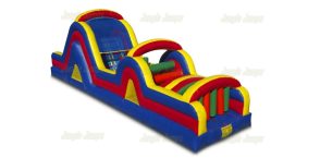 inflatable obstacle course with inflated tubes making you push thorugh or crawl over with a slide at the end