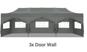 rent a tent, large tent with three parts of one wall able to be pinned back to create openings