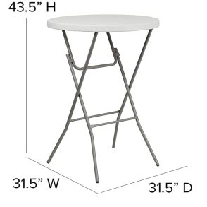 size diagram of white round foldable table, 31.5 inches wide and 43.5 inches tall