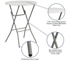 diagram of foldable white table features, waterproof and stain resistant, protective floor caps